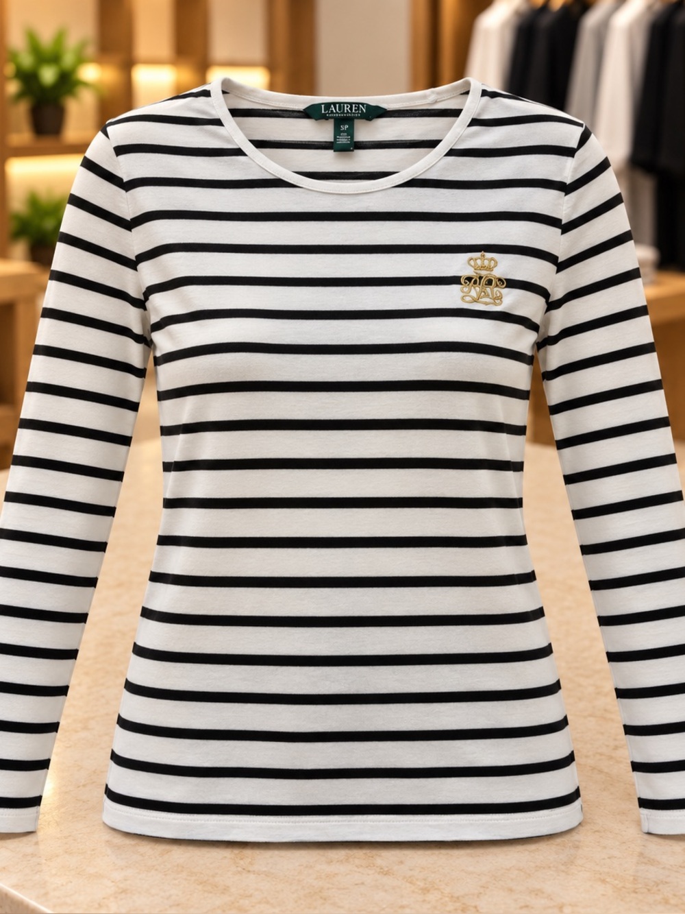 Lauren Ralph Lauren Striped Cotton Long-Sleeve Tee with Crown Logo White & Black